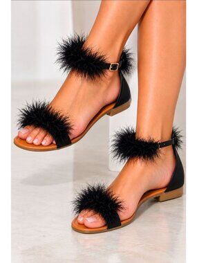 Black Feather Ankle Strap Flat Sandals Gold Buckle Open Toe